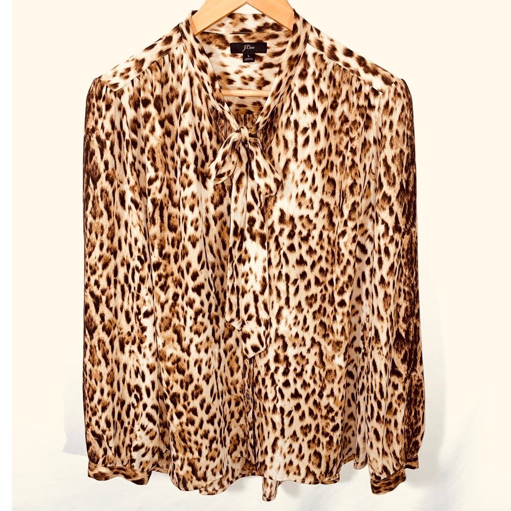 J.Crew Animal Print Blouse w/ Tie Bow - Women's Size L
